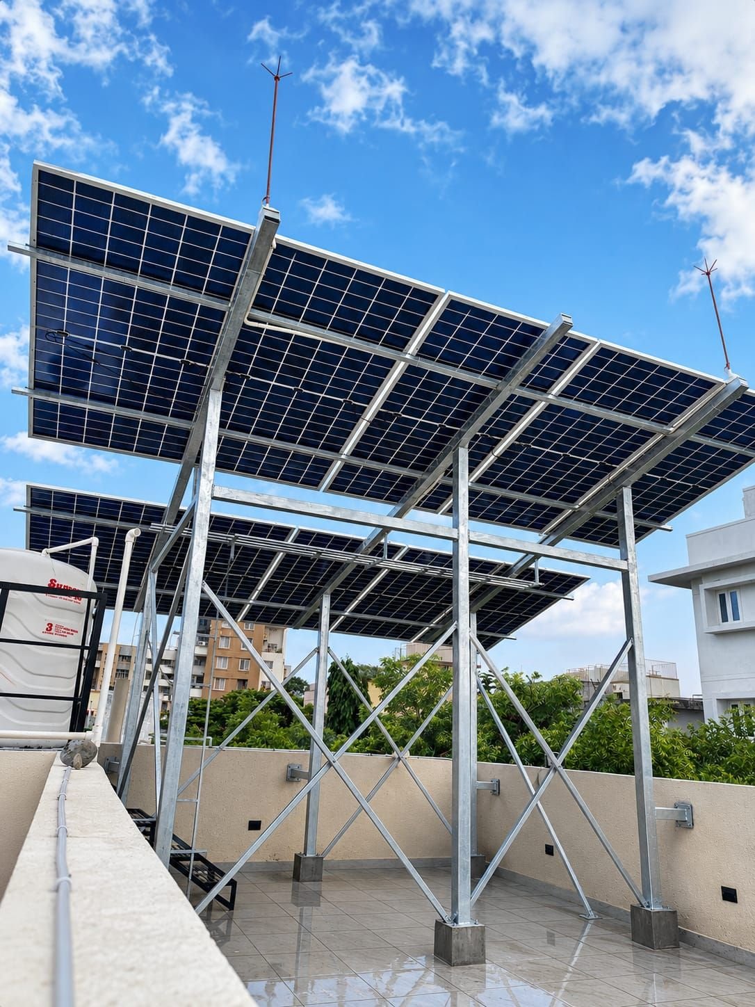 Completed dual-row rooftop solar array under a clear blue sky